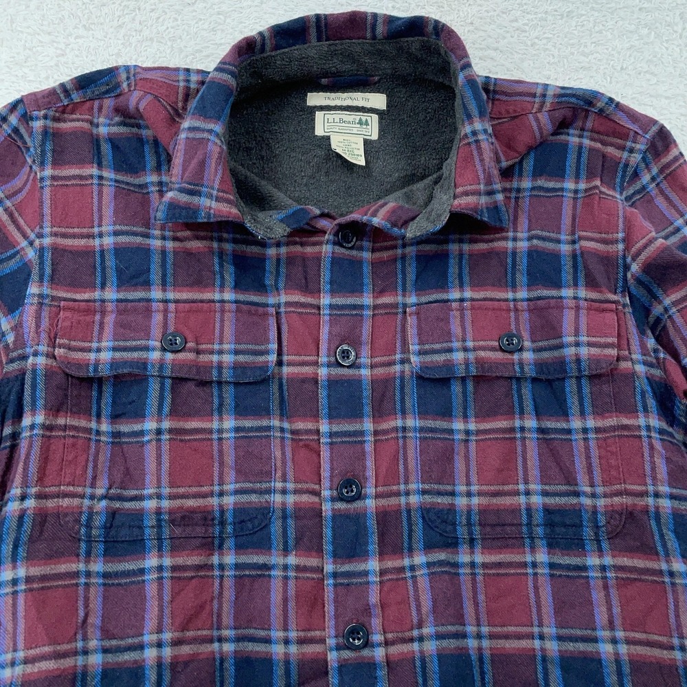 L.L. Bean Shirt Mens Medium Red Blue Plaid Fleece Lined Flannel Traditional Fit